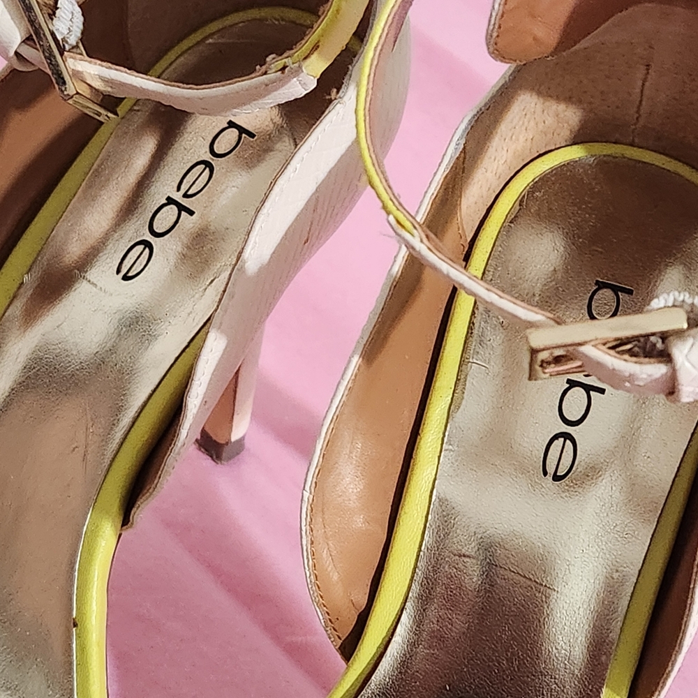 Bebe Yellow and White Stiletto Heels with Ankle Strap 7M - Picture 12 of 12